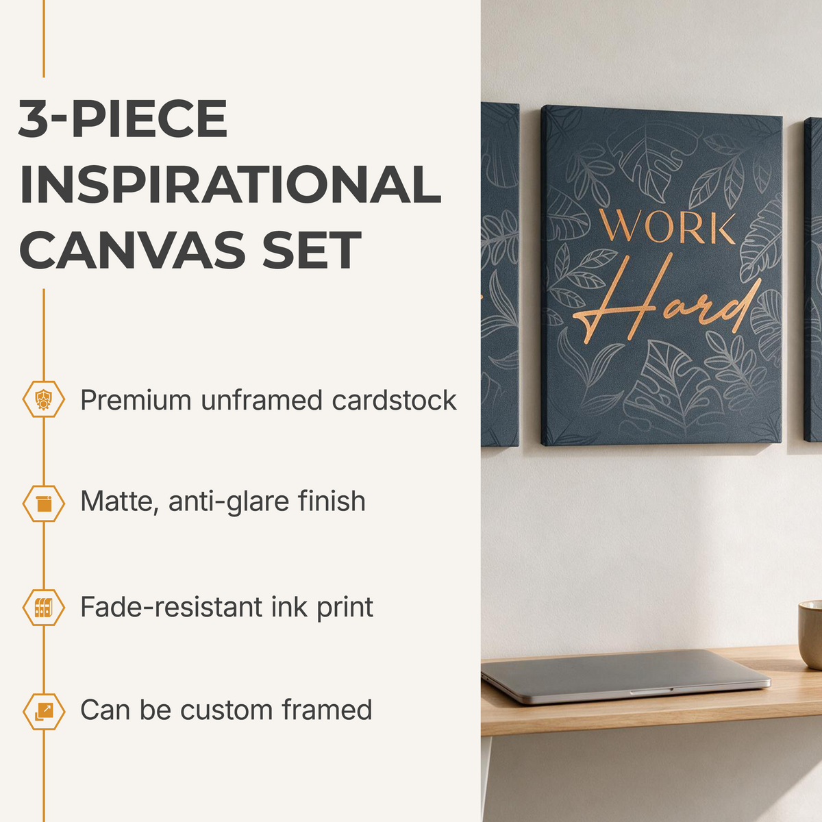 "Dream Big, Work Hard, Make it Happen!" Inspirational 3-piece Wrapped Canvas set