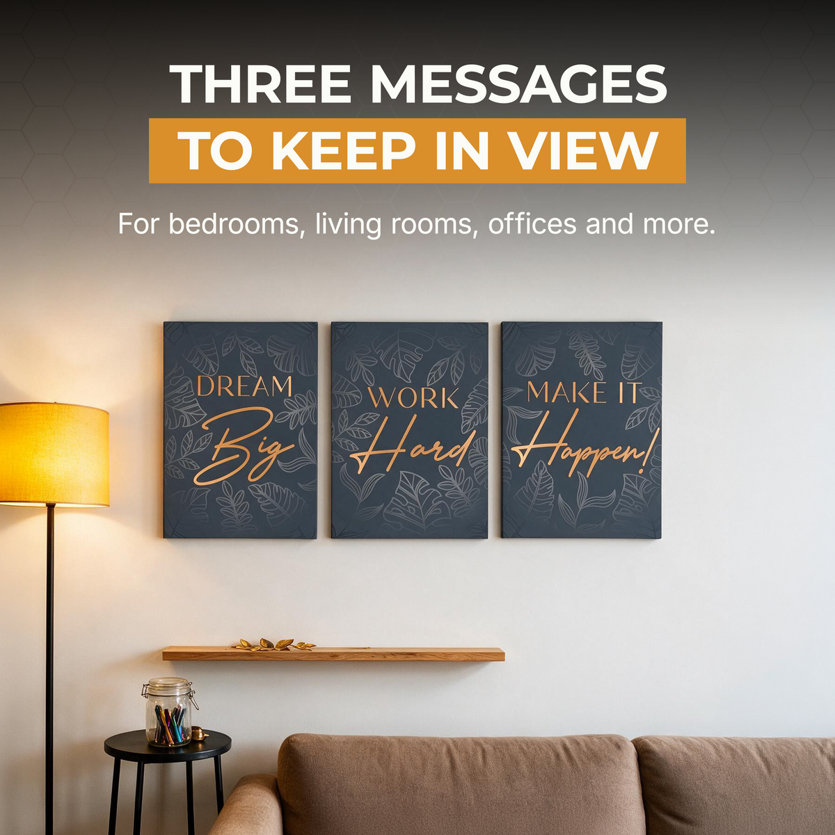 "Dream Big, Work Hard, Make it Happen!" Inspirational 3-piece Wrapped Canvas set